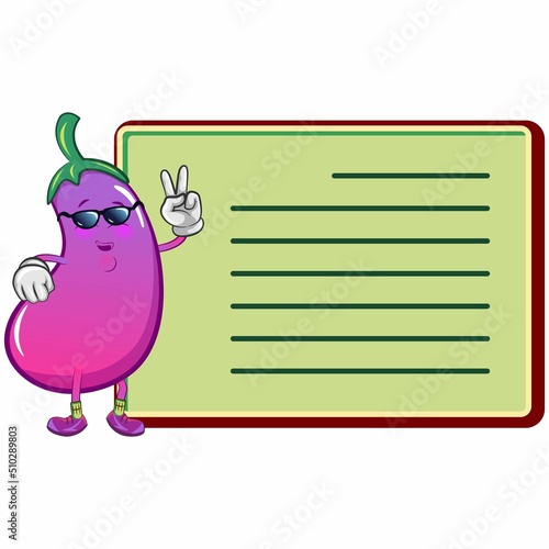 vector mascot character from cartoon cute eggplant in stylish pose holding up two fingers wearing sunglasses on a striped board ready to write