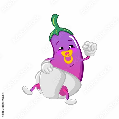 vector mascot character from eggplant cartoon being cute baby sucking a pacifier