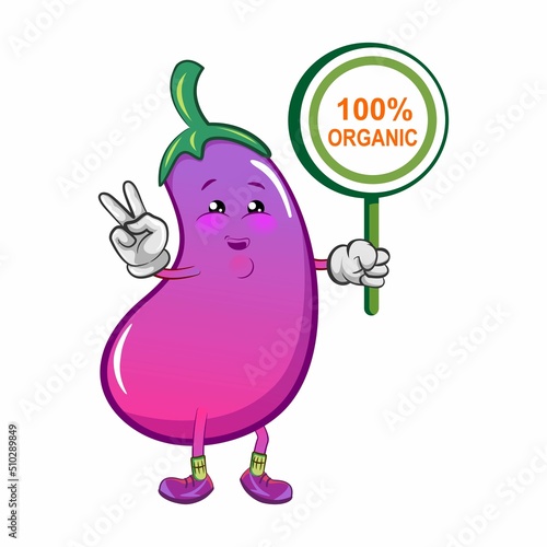 vector mascot character from eggplant cartoon with 100% organic sign board