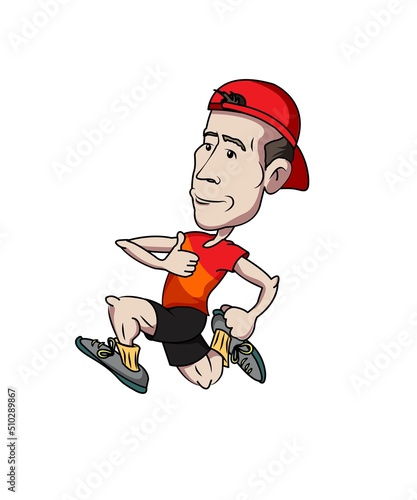 Cartoon caricature runner isolated illustration sporty activity muscular funny man in red t shirt