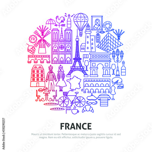 Japan Culture Circle Concept. Vector Illustration of Outline Design.