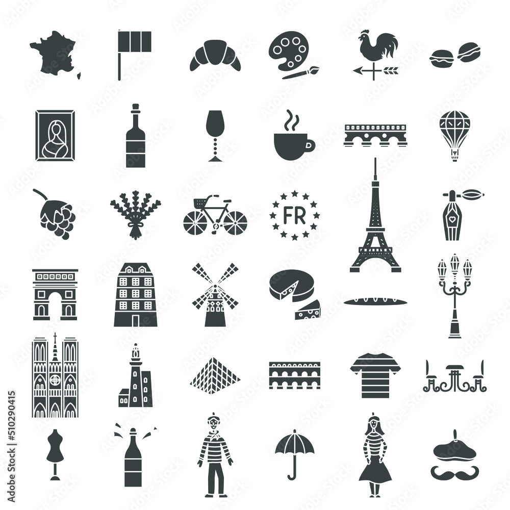 France Solid Web Icons. Vector Set of Oriental Glyphs.