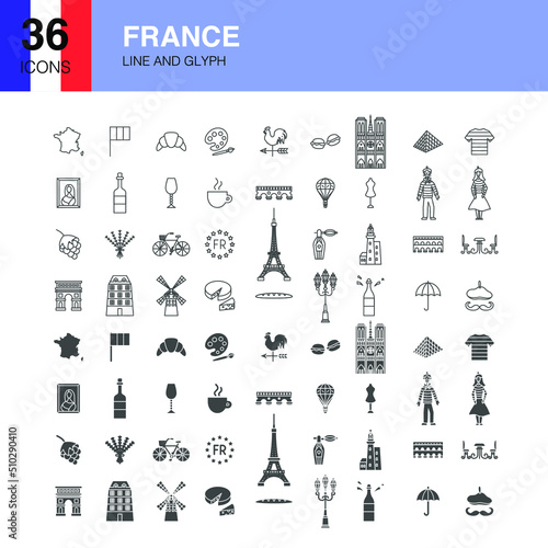 France Line Web Glyph Icons. Vector Illustration of National Outline and Flat Symbols. 