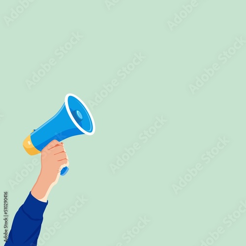 Hand-holding megaphone. Motivational poster, banner, template. Flat Design Vector Illustration. Colorful attract attention to graphics. photo