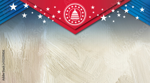 Stylized Capitol Seal on hanging banners and stars graphic background