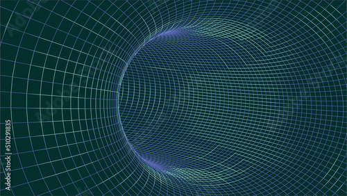 Wireframe 3D tunnel. Perspective grid background texture. Meshy wormhole model. Vector Illustration. photo
