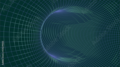 Wireframe 3D tunnel. Perspective grid background texture. Meshy wormhole model. Vector Illustration.