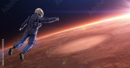 An Astronaut Flying To The Planet Mars. Space Exploration. Space And Technology Related 4K 3D Animation. photo