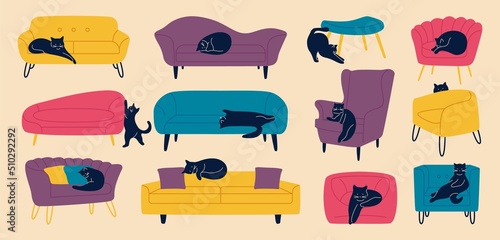 Cats on sofas and chairs. Cartoon funny pet animals on couch armchairs. Sleeping cats sofa, stools. Vector furniture set