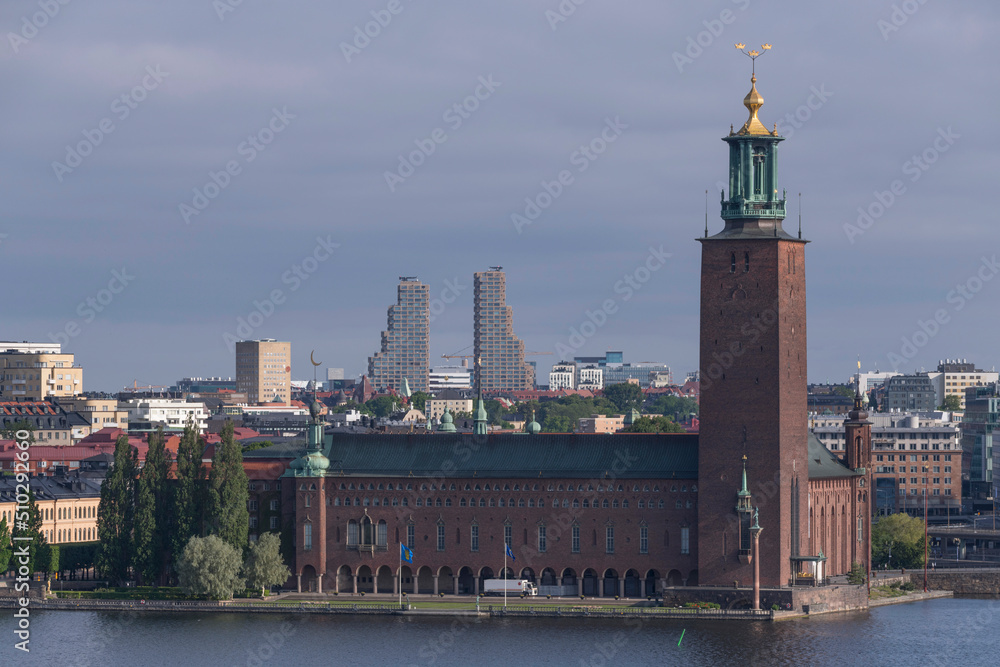 Town City Hall and the towers Norra Tornen in the back ground at sunrise a sunny day in Stockholm