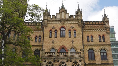 Vilnius, Lithuania – 29 May 2022. Historical house of medician Hilary Raduszkiewicz built by Julian Januszewski 1894 in Vilnius. 4K Video clip. photo