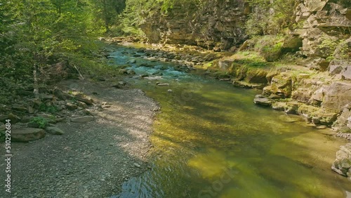 River forest mountain sunbeams morningh sunny rays water slow motion tree pine photo