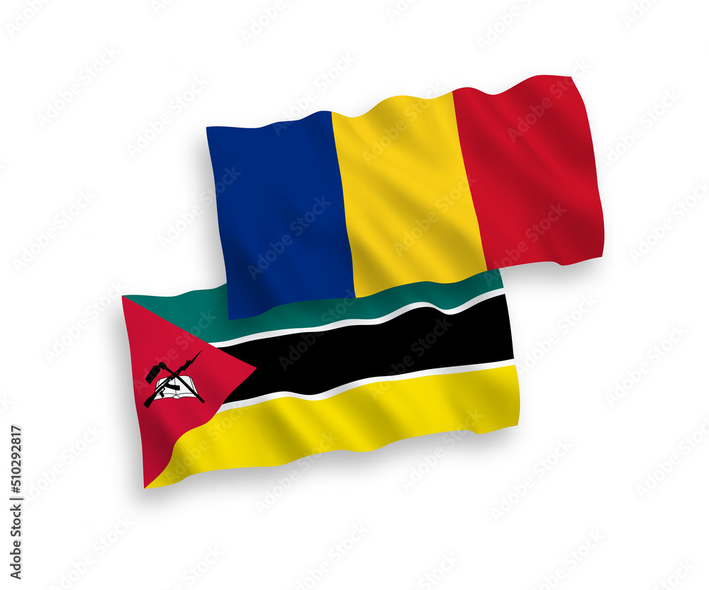 Flags of Romania and Republic of Mozambique on a white background Flags of Romania and Republic of Mozambique on a white background