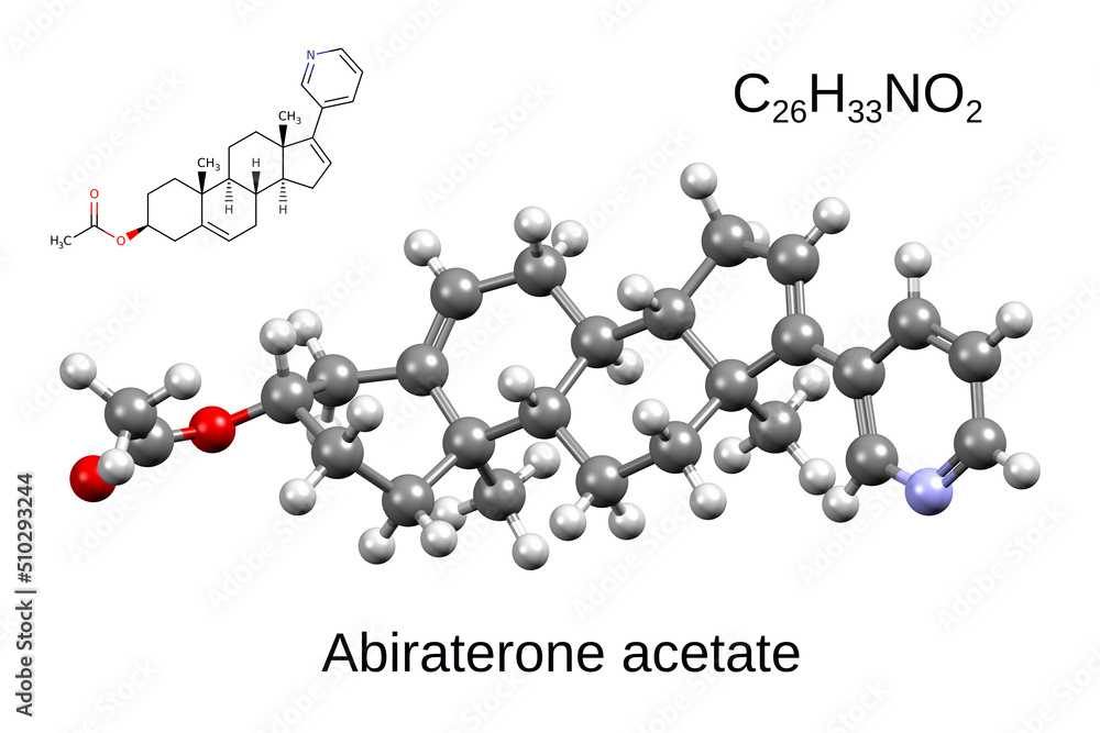 Chemical formula, skeletal formula, and 3D ball-and-stick model of anticancer drug abiraterone, white background