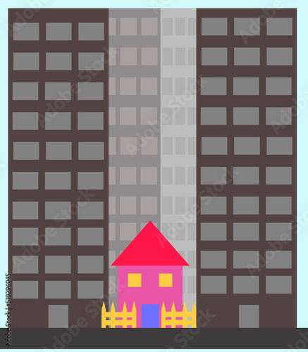 A detached house between two high rise buildings vector illustration. Urban transformation concept idea.