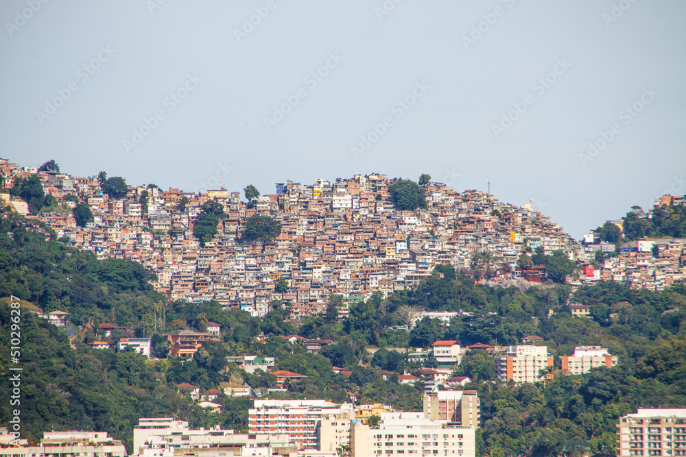 Rocinha Favela, view of Rodrigo de Freitas Lagoon in Rio de Janeiro, Brazil.