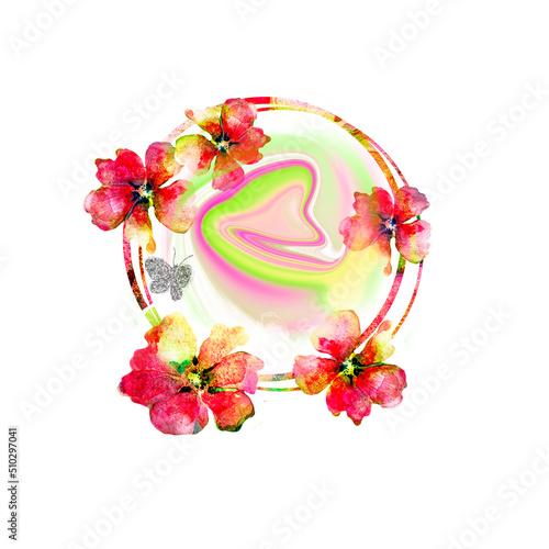 Fototapeta Naklejka Na Ścianę i Meble -  Round abstract drawing of red watercolor flowers. Sublimation frame with digital rainbow marble. For decorating postcards and fabric