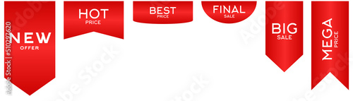 Set of Price tags. Discount red ribbons. Sale and shopping tags. Vector collection
