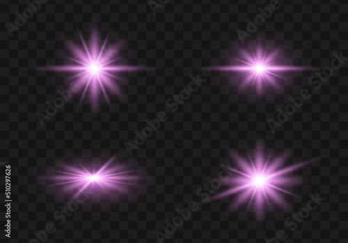 Set of glowing light stars on a transparent background. Transparent shining sun, star explodes and bright flash. Purpur bright illustration starburst. 