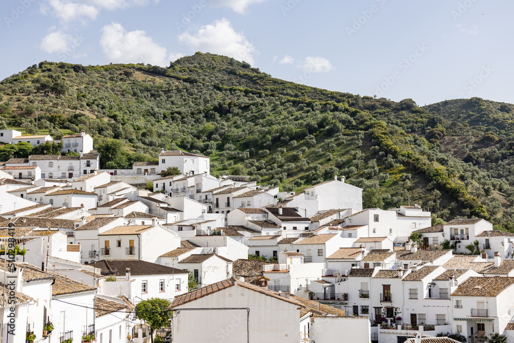 Panoramic view of Sierra de Grazalema (Grazalema Mountains) from the village of Zahara de la Sierra in Cadiz, Andalusia, Spain. Route Pueblos blancos de Cadiz (White villages of Cadiz route)