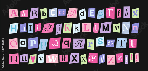 Hand drawn alphabet. Letters on pieces of paper in different colors. Set of capital and lowercase letters. Cuts from newspaper, anonymous message style Vector illustration isolated on black background