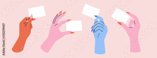 Set with women's hands holding a business card. Template with blank sheet of paper for your information.
Cool colorful design.
Hand drawn vector illustrations isolated on pink background.