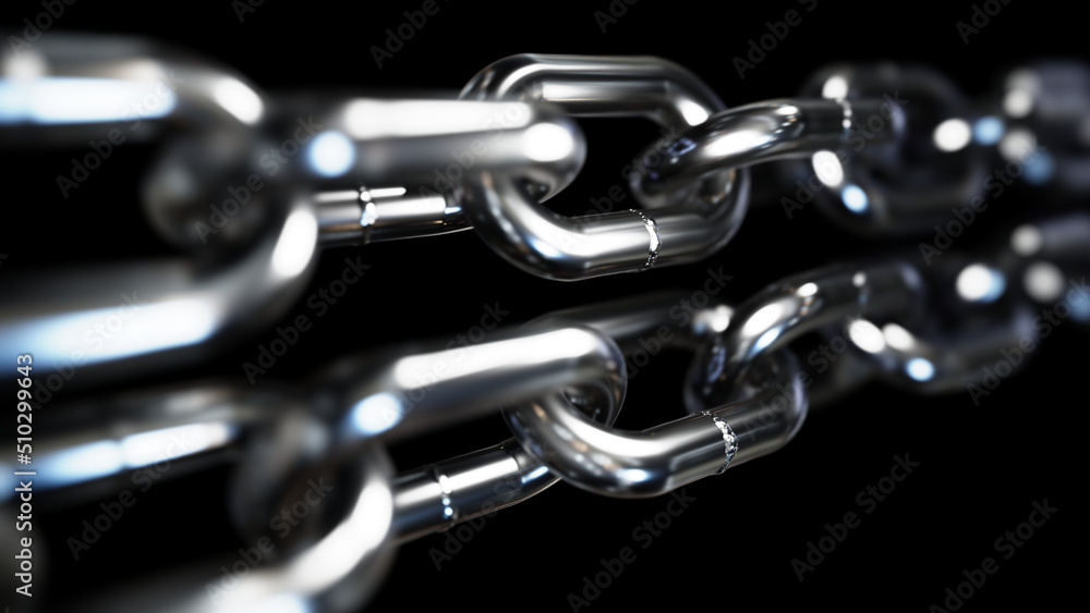 Realistic DOF camera 3D illustration of two stainless steel chains against black Realistic DOF camera 3D illustration of two stainless steel chains against black