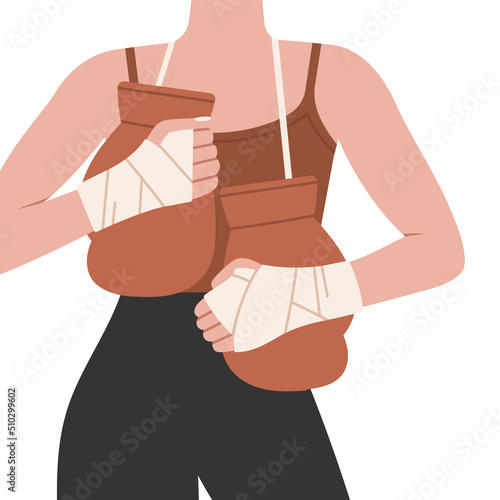 Illustration with a girl boxer with gloves, in sportswear. 
Training, boxing, wrestling, defense. Fragment. Cool sport illustration in modern colors.Hand drawn vector illustration.