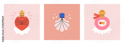 Set of cute posters with perfume bottles, toilet water or potion. Cosmetics and magic concept. Icon, poster, social media cover etc. Hand drawn vector illustrations in trendy colors.