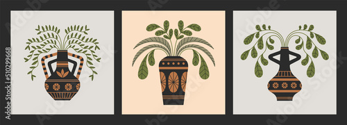 Set of posters with Ancient Greek vases, plants and leaves. Art, pottery, ceramics and culture. Can be used in print, card or social media design. Vector illustrations