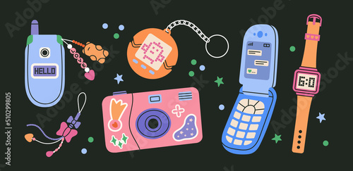 Set with retro electronic devices. Photo camera, watches, mobile phone with beaded keychain, game. Cute and stylish attributes from 90s. Hand drawn vector illustration. Vintage electronics and hobbies