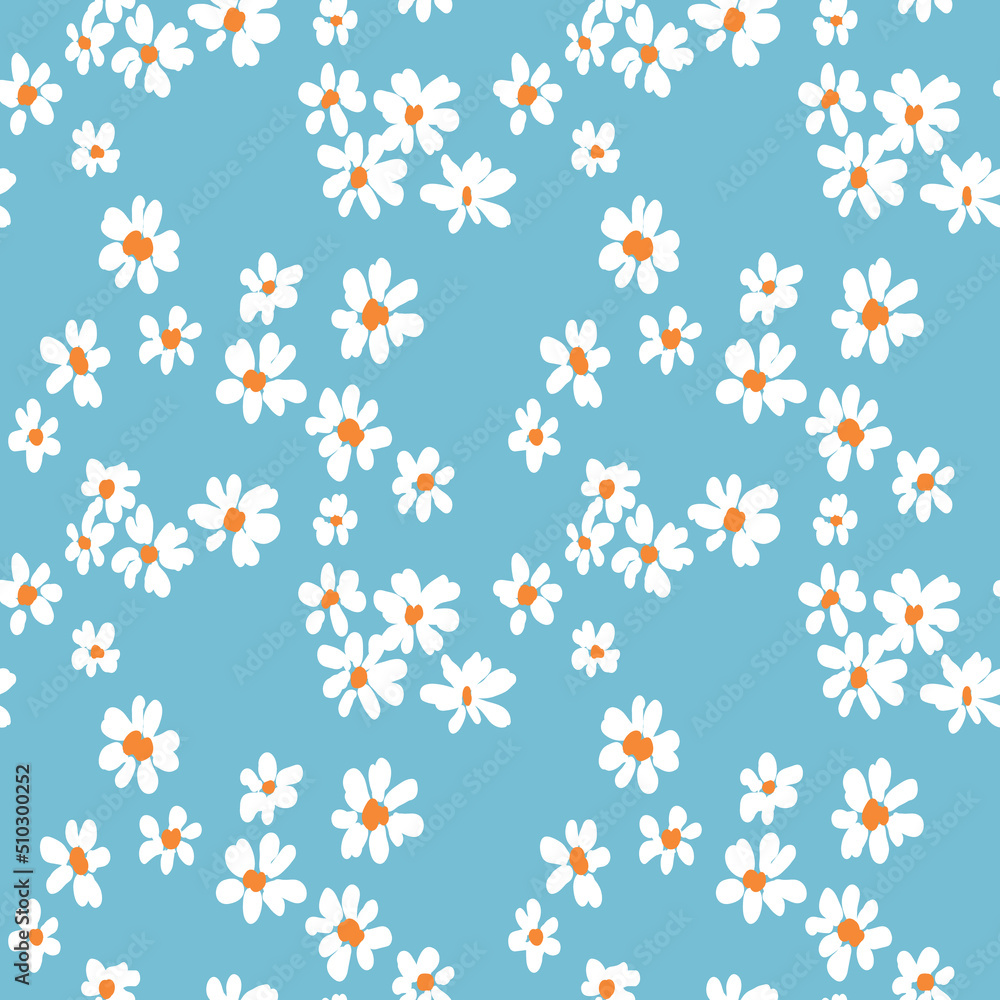 Cute floral print, seamless pattern with hand-drawn daisies on a blue background. Ditsy surface design with simple white flowers. Vector illustration.