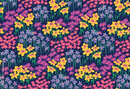 Seamless floral pattern with bright summer meadow. Hand drawn botanical print, floral background with colorful field plants, flowers, leaves. Vector illustration.