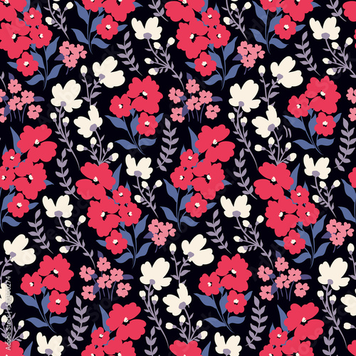 Seamless pattern with vintage flower meadow. Botanical background  floral print with decorative flowers  leaves on a black field. Vector illustration.