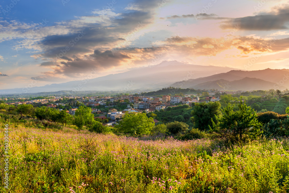 view from hill with golden grass and green bushes to a valley town with majectic mountains and scenic cloudy sunset on background view from hill with golden grass and green bushes to a valley town with majectic mountains and scenic cloudy sunset on background
