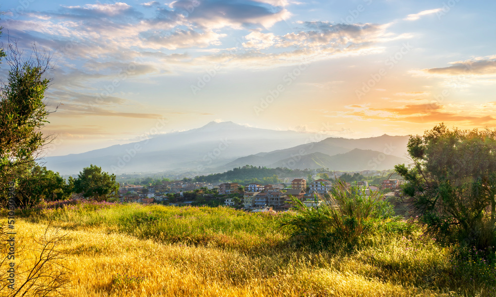 Obraz premium view from hill with golden grass and green bushes to a valley town with majectic mountains and scenic cloudy sunset on background