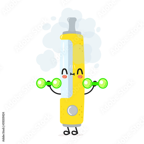 Cute funny vape character with dumbbells. Vector hand drawn cartoon kawaii character illustration icon. Isolated on white background. Vape character gym concept