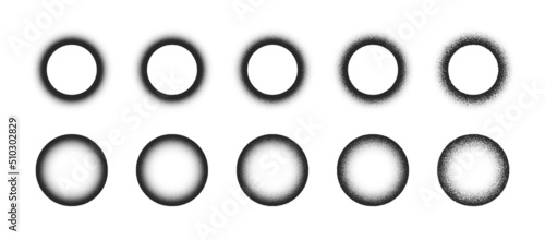 Different Variations Of Vector Hand Drawn Grainy Faded Circles Abstract Shapes Set Isolated On White. Various Degree Inner Outer Black Noise Texture Gritty Round Frames Design Elements Collection