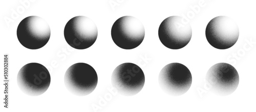 Various Degree Black Noise Abstract Graphic Grainy Textured Sphere Forms Vector Set Isolated On White Back. Different Hand Drawn Stipple Light Shadow 3D Ball Figures Isolate Design Elements Collection