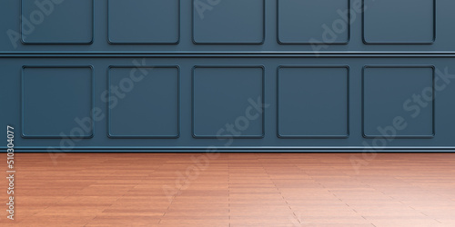 Wall beadboard wainscot blue decoration and wooden floor background, Interior room design. 3d render photo