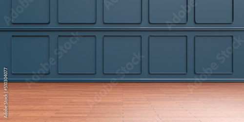 Wall beadboard wainscot blue decoration and wooden floor background, Interior room design. 3d render