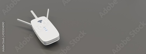 WiFi extender, wireless repeater isolated on grey color. Internet booster close up, banner. 3d render photo
