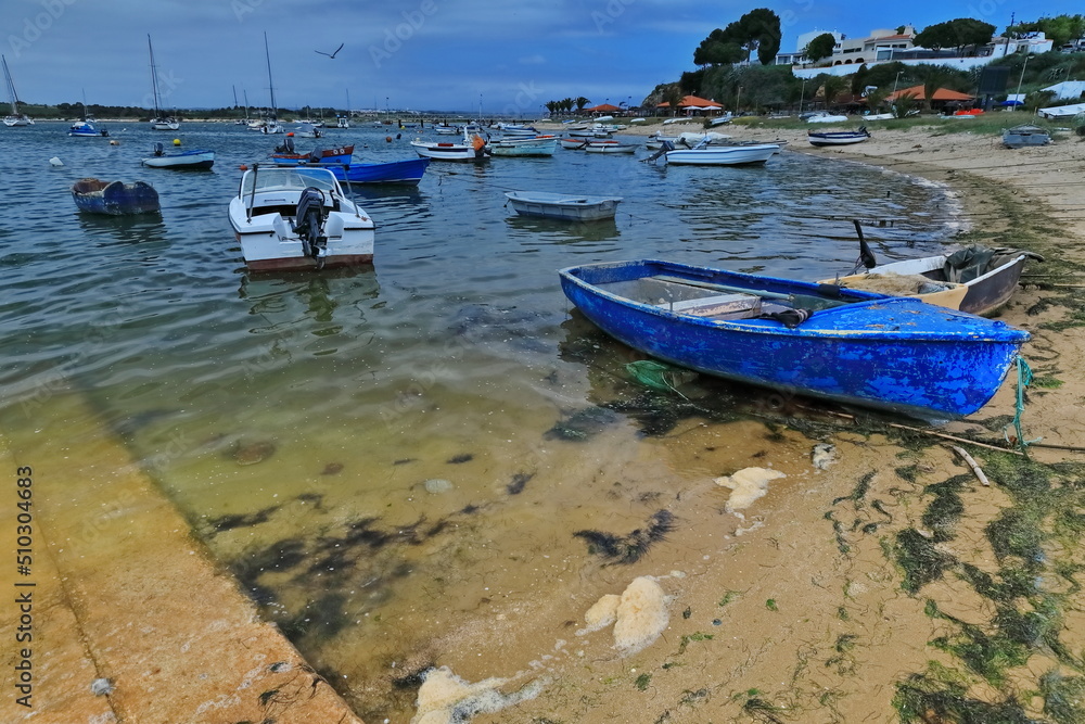 Moored-stranded-anchored boats in The Ria do Alvor Estuary. Portimao-Portugal-319