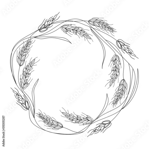 Wreath Round frame made of wheat or rye ears sketch drawing vector illustration isolated on white background.Outline frame with place for text,border hand drawn in Doodle style, black and white 