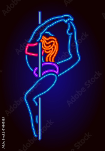Neon sign girl woman dancer. Pop style, illumination glow effect. Retro template signboard for night club, store, posters, banners, cafe, bar, party, cabaret, striptease, pole lap dancing.