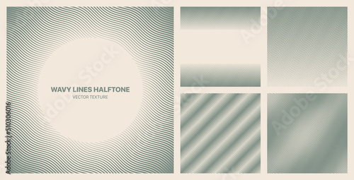Assorted Various Halftone Pale Green Wavy Lines Textures Vector Different Retro Patterns Set Isolated On Light Background. Half Tone Graphic Modern Pattern Variety Texture Design Element Collection