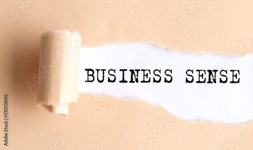 The text BUSINESS SENSE appears on torn paper on white background.