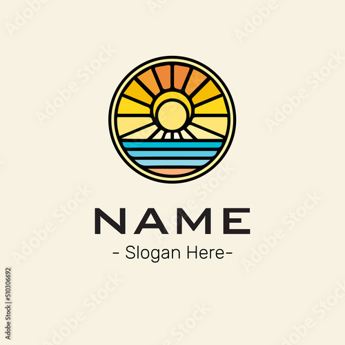 sun wave logo, sunrise sunset sea minimalist logo concept coloured yellow orange blue