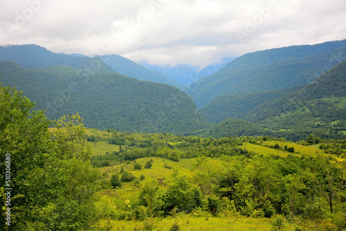 Alpine meadows  foggy mountains at Abkhazia  Kodori Gorge 