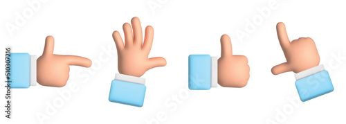 Vector set of 3d render cartoon style hand gesture. Business , feedback and social media clipart isolated on white background. Thumb up, like, pointing, greeting, hi gesture.